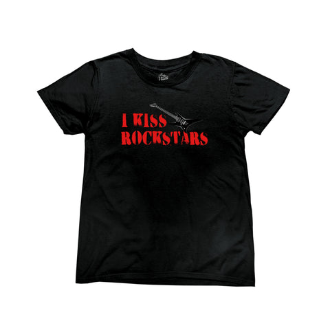 Black baby tee with bold red text that reads 'i kiss rockstars' and features an electric guitar design