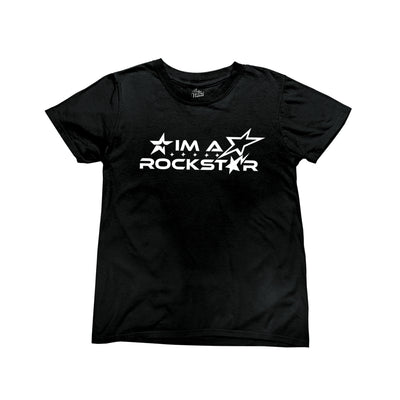 Black baby tee with bold white text that reads 'I’m a rockstar,' decorated with star designs