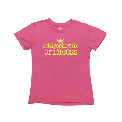 Pink baby tee with yellow text that reads 'Schizophrenic Princess,' featuring a crown design above the text