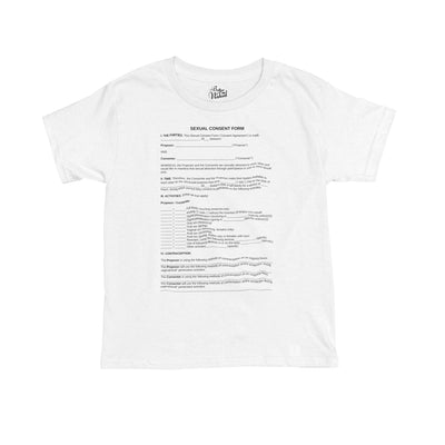 White t-shirt featuring a graphic of a sexual consent form, designed to promote awareness and respectful communication