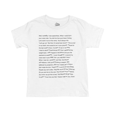 White t-shirt featuring lyrics from Charli XCX's song 'The Girl, So Confusing' featuring Lorde