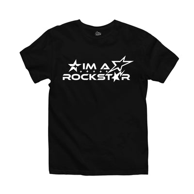 Black t-shirt with bold white text that reads 'I’m a rockstar,' decorated with star designs