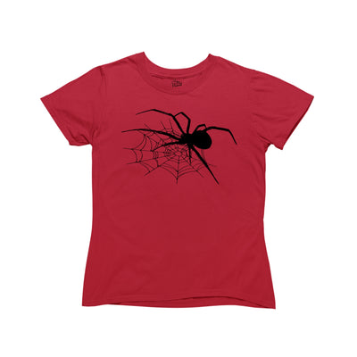 Red baby tee with a black spider on a cobweb design