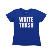 Blue baby tee with the text 'WHITE TRASH' in bold, contrasting white letters on the front