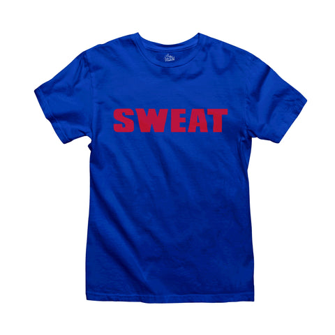 Neon blue t-shirt inspired by the Troye Sivan Sweat Tour, featuring the word 'sweat' in bold red text