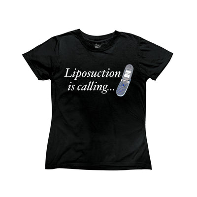 Black Y2K-inspired baby tee with white text that reads 'Liposuction Is Calling…' featuring a retro flip phone design