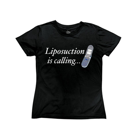 Black Y2K-inspired baby tee with white text that reads 'Liposuction Is Calling…' featuring a retro flip phone design