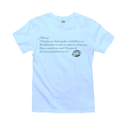 Baby blue t-shirt featuring a design inspired by Sabrina Carpenter's album 'Short and Sweet.' The shirt showcases lyrics from the chorus of her song 'Taste' printed in a stylish, bold font across the front